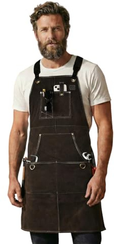 LEATHER VILLAGE Work Apron -Brown- Heavy Duty Wood Working Apron for Men with Tool Pockets for Woodworkers Blacksmiths Carpenters M-XXL