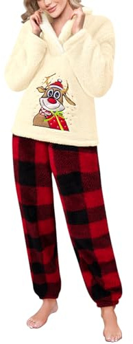 Tuopuda Pigiami Natalizi Pile Donna Lunghi Tuta Completa Invernale, Pigiama Felpato Pjs in Flanella Pullover Giacca con Pantaloni Maglione Top Homewear Regalo Donna Coppia Sleepwear, Beige, XXL