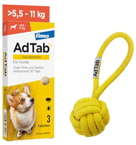 AdTab Hund 5,5-11 kg - Kautablette gegen Zecken & Flöhe, Set mit Wurfball | Promo-Set mit 3 Tabletten u. Spielzeug. Kautablette mit Rindfleischgeschmack, 3 Monate Zeckenschutz & Flohschutz.