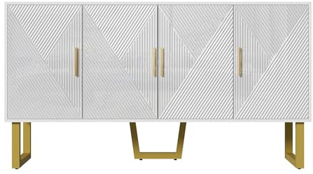 150cm Sideboard Kommode mit 4 strukturierten Türen, goldener Griff und Beine, Hochglanz weiß, luxuriöser und moderner Buffet-Küchenschrank mit verstellbaren Einlegeböden, für Wohn- und Esszimmer