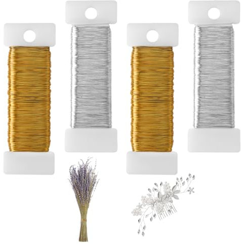 0,35mm x 200m Basteldraht Dünn Silber Gold, 4 Rollen Dünner Draht zum Basteln Blumendraht Draht zum Dekorieren Schmuckdraht für Floristik Schmuckherstellung Bastelarbeiten Handwerk((50m/Rolle))