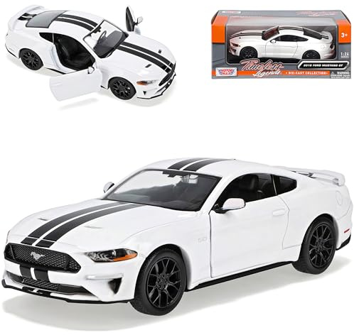 Motormax Ford Mustang VI Coupe Weiss mit Streifen in Schwarz Modell Ab 2014 Version ab Facelift 2017-2023 1/24 Modell Auto mit individiuellem Wunschkennzeiche
