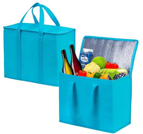 Froxique 2 Pack Insulated Reusable Shopping Bags for Grocery,Heavy Duty Cooler Bags for Frozen Food Delivery, Lunch Bags with Handle and Zips for Travel,Collapsible Cold Boxes (Blue)