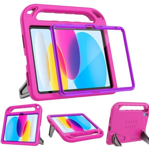 Surom Case for iPad A16 11th Gen 11/10th 10.9 2025/2022, Rose and Purple | Built-in Screen Protector, Protable Handle, Sturdy Stand, Shockproof Light Weight Handle Stand Case for Kids