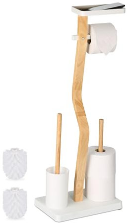 Relaxdays WC Garnitur, Bambus, HBT: 80x30x20 cm, freistehender Klopapierhalter, Ablage, Toilettenbürste, weiß/natur