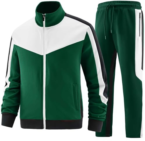 ANOTWENER Men's Training Suit Sets Casual Jogging Suit Two-Piece Fitness Sports Suit Long Sleeve Full Zipper Leisure Suit, green/white, L