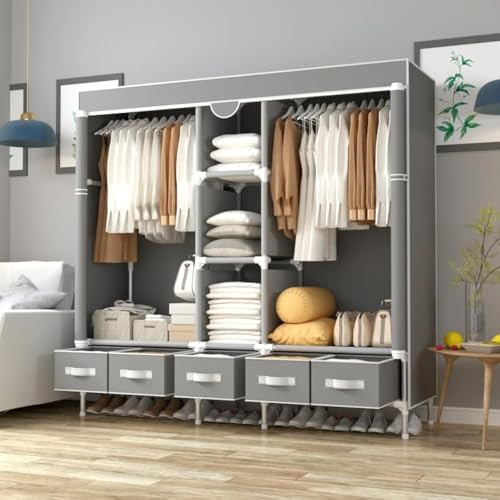 Armario de Tela Portátil, Organizador de Ropa con Barra para Colgar | 5 Cajones de Tela, Compartimentos para Zapatos, Plegable, 185x45x170CM, Gris