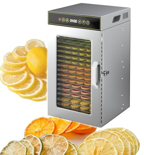 Essiccatore commerciale per frutta, verdura e prodotti da forno con 18 strati, timer 24 ore e controllo della temperatura 30-90°C per cereali, erbe aromatiche e funghi.