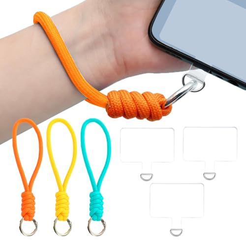 MUWINC Dragonne Telephone Portable - 3 Pièces Bracelet Universel Telephone, Tressées Main, avec Attaches Transparentes, pour Téléphone Portable, Clés (Orange, Cyan, Jaune)
