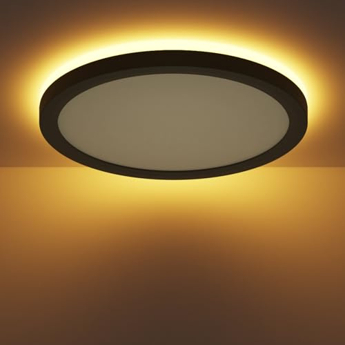 zemty 36W Deckenlampe LED Deckenleuchte Flach Schwarz mit 8W Nachtlicht, 5200LM 2700K/ 3000K/ 4000K/ 5000K/ 6500K Wählbar Rund Schlafzimmer Lampe, Ø48x2.6 cm Led Panel für Wohnzimmer Küche Esszimmer