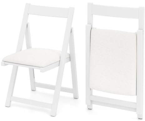 COSTWAY 2/4 Pack Folding Chairs, Fabric Padded Dining Chairs with Curved Backrest and Foot Pads, Rubber Wood Frame Upholstered Side Kitchen Chair for Home Office Wedding Event (2, White)