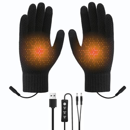 USB Beheizte Handschuhe für Herren Damen,Gestrickte Vollfinger Beidseitig Heizung Handschuhe,Drei-Gang-Temperaturregelung Touchscreen Handschuhes,Unisex Winter Fäustlinge für Drinnen Draußen (Schwarz)