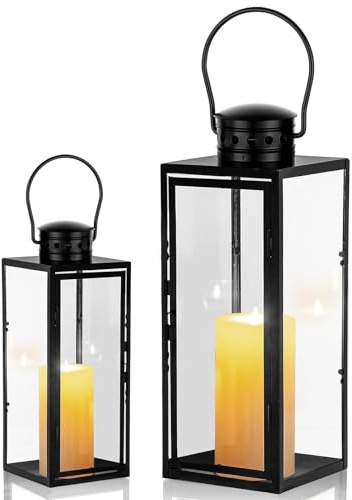 Laterne für Kerzen 2er-Pack, (24+35cm Hoch) Gartenlaterne Metall Laternen für Draußen Groß Windlichter Grablaterne Kerzenlaterne Glaslaterne Hängende Weihnachtstag Deko - Schwarz