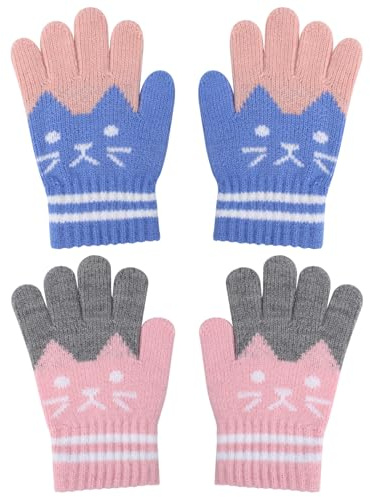 Mayoii 2 Paar Strickhandschuhe Kinder, Niedliche Katzenmuster Handschuhe – Warme Handschuhe aus Kunstkaschmir für Jungen Mädchen (Mehrfarbig, Doppelte Bündchen)