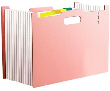 A4 File Organiser Document Folder with 13 Pockets, Handheld Multi-Layer Expandable Accordion File, with Index Tabs for Paperwork, School, Office Supplies, Green Pink Blue Beige (Pink)
