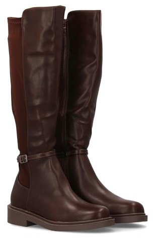 shoes&blues.es 97131 Bota Alta para Mujer con Cana combinada en Material Sintetico y Tejido Elastico. Hebilla Decorativa en el Tobillo y Suela Plana. Marron Talla 40