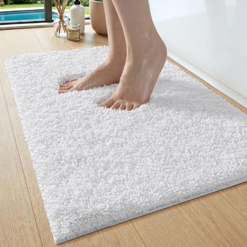 DEXI Fluffy Bath Mat 40 x 60 cm, Non Slip Absorbent, White | Soft Microfibre, Machine Washable, Bathroom, Bathtub, In Front of Sink, Laundry Room