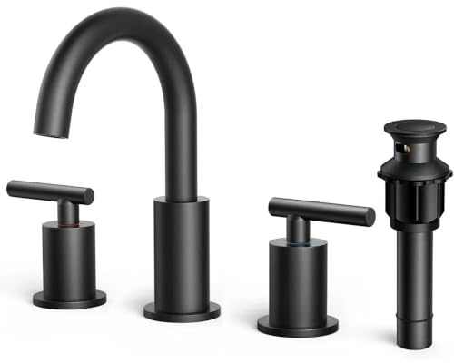 Grifo de baño 8 pulgadas y 3 orificios con desagüe emergente doble manija for lavabo tocador, acabado negro mate