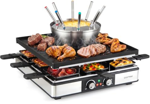 COSTWAY 2200W 3 in 1 Set Griglia per Raclette e Fonduta, per 8 Persone | Fonduta con Piastra Antiaderente, 8 Padelline, 8 Spatole e 8 Forchette, Griglia Elettrico da Tavolo con Doppio Termostato