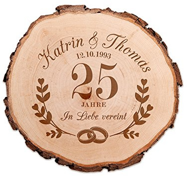 Casa Vivente Baumscheibe mit Gravur zur Silbernen Hochzeit, Personalisiert mit Namen und Datum, Aus Echtholz, Türschild und Wand-Deko, Geschenkidee für Paare zum 25. Hochzeitstag