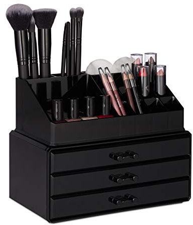 Relaxdays, schwarz Make Up Organizer klein, 2-teilige Schminkaufbewahrung mit Schubladen, stapelbares Kosmetikregal, Kunststoff, H x B x T: ca. 19 x 23,5 x 14 cm, 10023137_46