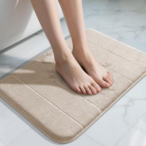 Yimobra Bath Mat Memory Foam, Soft Comfortable, Super Water Absorption, Non-Slip, Thick, Machine Wash, Easier to Dry for Bathroom Floor Rug, Beige, 43 x 61 cm