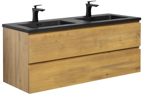 Angela - Ensemble de lavabo et meuble de salle de bain - 120 cm - Noir - Chêne