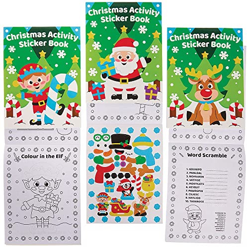 Baker Ross FX334 Sticker Aktivitäten Bücher Weihnachten - 8er Pack, Ausmalen, Puzzles und Malen nach Zahlen für Kinder