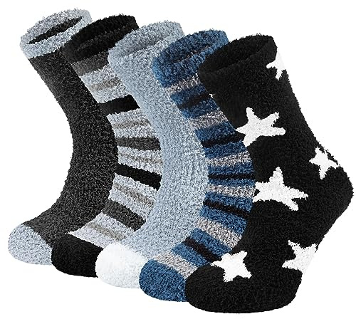 Chalier Cozy 5 Paia di Calzini Morbidi per Uomini Spessi Peluche Calzini da Letto Invernali Morbidi e Caldi Calzini da Cabina in Pile di Corallo, Regalo di Natale, Taglia UE 38-46
