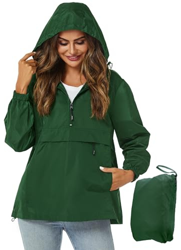 Avoogue Womens Windbreaker Jacket With Hood Packable Hooded Rain Jacket Pullover Dark Green M