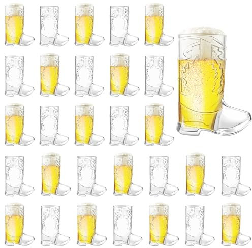 SAIAOKJ Cowboy Boot Shot Glasses, 30 Pcs 1 Oz Mini Plastic Boot Shot Glass, Reusable Plastic Boot Cups for Cowboy Cowgirl Western Theme Party Supplies Bachelorette Birthday Party Favors(Clear)