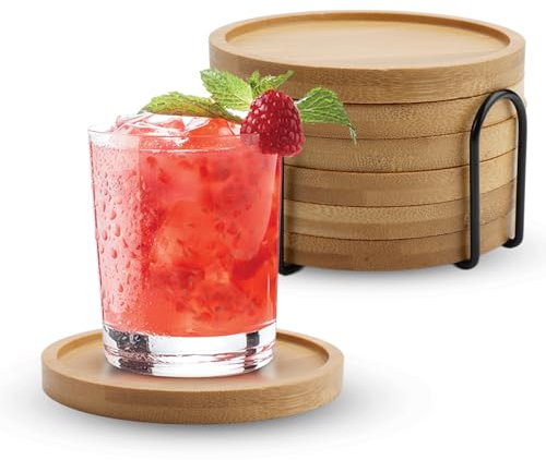 6Pcs Sottobicchieri Rotondi in Bambù,Sottobicchieri in Legno con Bordo,Sottobicchiere Bambù Resistenti a Calore e Acqua,Sottobicchiere con Portaoggetti,10x10 cm Coasters,per Bevande,Bicchieri,Candele