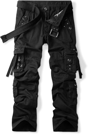 Aeslech Men's Cotton Casual Baggy Work Cargo Trousers Hiking Travel Pants with Pockets Relaxed Loose Fit Black 30