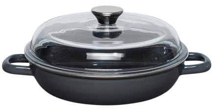 Riess, 0048-003, Schmorpfanne mit Glasdeckel Ø 24cm, DARK GREY, Vol. (rec.): 1,5 Liter, Made in Österreich, LBH: 32,3x25,3x12,9cm, 2,008kg, Schmorpfanne, Emailliert, Kratzfest, Ofenfest