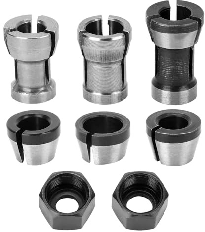 QWORK® 6 Stück Oberfräsen-Spannzangenfutter-Set, Kohlenstoffstahl, Hochpräzise Stahl-Spannzangenfutter für Holzbearbeitungs und Graviermaschinen, 6 mm, 6.35 mm, 8 mm mit 2 Muttern