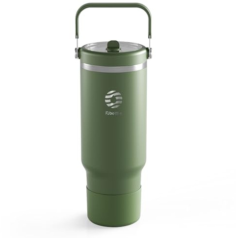 Fjbottle 40 oz Insulated Tumbler with Straw Leakproof Stainless Steel | Carry Handle, Clear Lid, Double Wall Vacuum, Hot & Cold Drinks, For Travel, Work & Gym