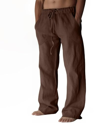 Pantalon en Lin pour Homme - Léger - en Coton - Coupe Ample - Décontracté - pour la Plage