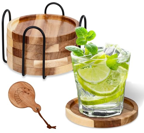 BBWELL6 Pezzi Sottobicchieri in Legno, Tazza Sottobicchieri per bevande,Sottobicchieres in Legno di Acacia con Supporto,Antiscivolo E Isolati per Tazze da Caffè E Tè, Bicchiere da Vino