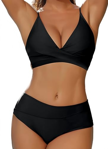 YKDLLF Costumi da Bagno Donna Costume Mare Donna Due Pezzi Bikini Push Up Imbottito Halter Tankini con Pantaloncini Costume Vita Alta Due Pezzi Set Imbottito (IT, Testo, S, Regular, Regular, Nero)
