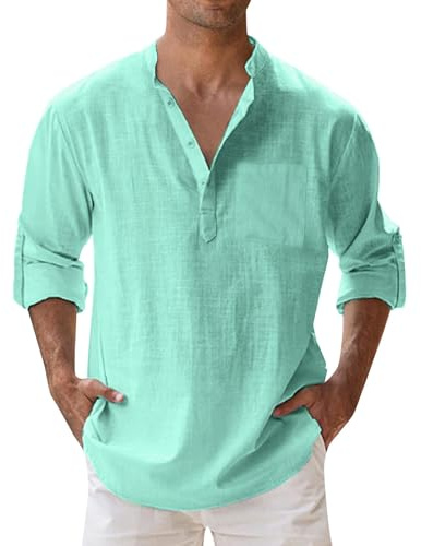 L’ D’Oro di Camicia Lino Uomo Coreana Slim Fit Manica Lunga Camice Estiva Elegante con Bottoni Shirts Casual No Stiro Henley