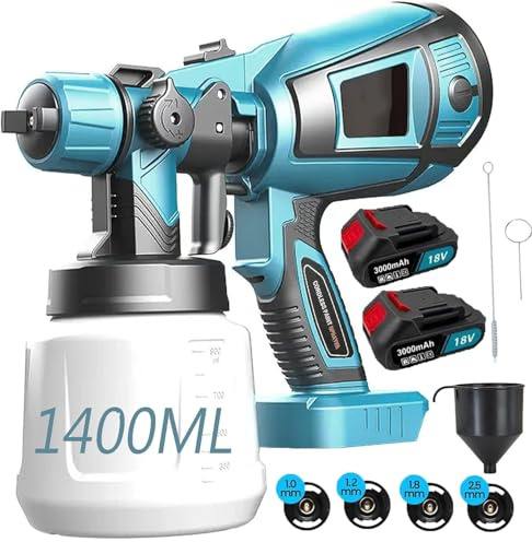 Akku Farbsprühsystem,kompatibel mit Makita 18V Akkus,HVLP Sprühpistole Zaun Farbe Sprühmaschine,mit 4*Düsen-3*Spritzmuster,Anwendung für Innen und Außenbereich,Möbel Wandmalerei(2 * 3000mAh Akku)