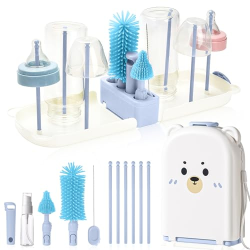 Babyflaschenbürsten zur Reinigung von Babyflaschenreiniger, Bürste, Reisesterilisator für Baby-Reise-Essentials mit Silikonflasche/Nippel/Strohhalmbürste (Blue)