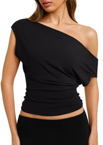 REORIA Womens 2026 Summer Cute Asymmetrical Banded Bottom Short Sleeve Tee Shirts Y2K Date Party Night Going Out Casual Loose Off The Shoulder Tops Black
