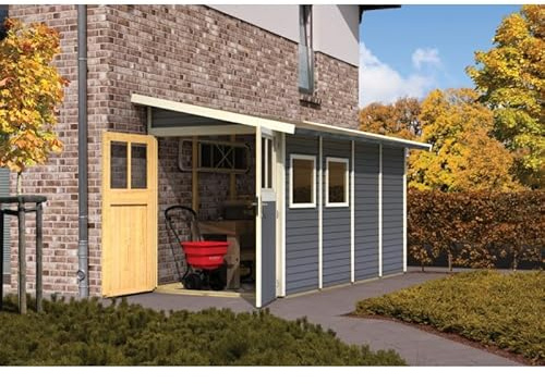Karibu | Abri de Jardin Adossé Wandlitz 3 en Bois Massif Vitrifié Gris 4,85m² | Portes Semi-Vitrées, Fenêtre, Embase Incluse | Résistant aux Intempéries