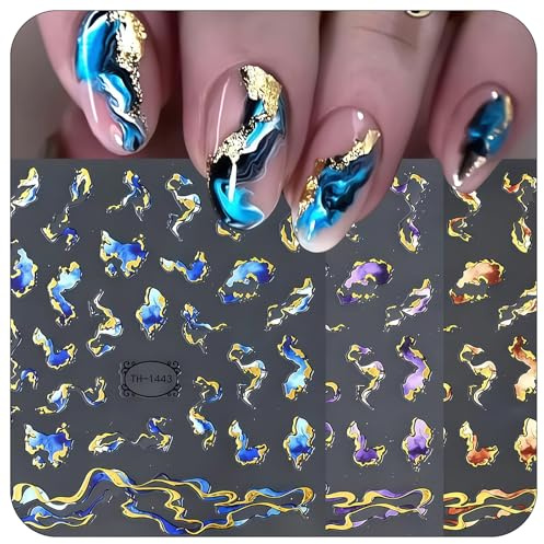 Cosblisvia 3D Set di Adesivi per Unghie, 6 Fogli Marmi Geometria Nail Art, Alternativa agli Adesivi per Donne, Professionisti, Uso Domestico, Stile per Feste (Astratto Blu)