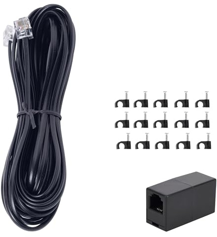 ZTOXLR Phone Extension Cord 15 FT Long Phone Cable Line Wire, with Standard RJ11 Plug andIncludes Telephone Inline Coupler RJ11 Splitter and 15 Cable Clip Holders, Black