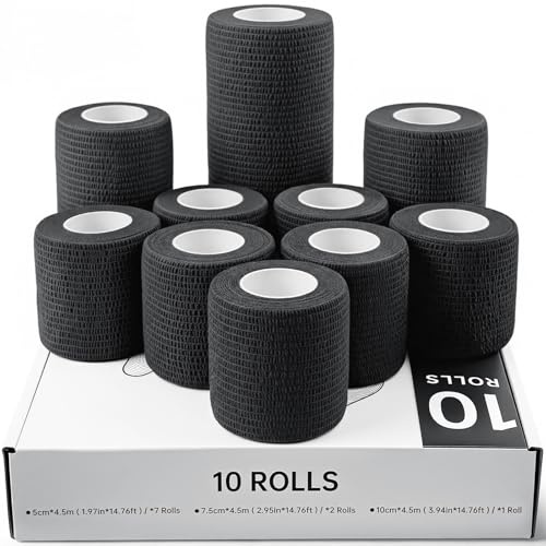 HONYAO Selbstklebender Verband 10 Rollen, Verbandsmaterial für Handgelenk Knöchel, Selbsthaftender Verband für Hund Pferde, Elastische Binde für Sport Erste Hilfe, 3 Größen, Schwarz