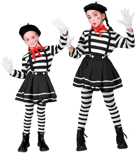 CARTOON Costume Mimo Bambina Stile Parigino con Maglia a Righe Gonna Bretelle Basco e Accessori Travestimento Artistico per Carnevale Feste in Maschera Recite Scolastiche e Spettacoli