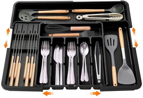 Gucass Besticklåda för lådor, bestickinsats utdragbar, 6–9 fack | Plast bestick arrangör kök, utdragbar 33-54,7 cm, med 2 avtagbara knivblock, för skedar och gafflar, svart