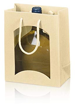 Tragetüte Midi Welle mit Fenster Creme für Bocksbeutel; Maße: 170 x 85 x 200 mm; Maße: 20 Stück